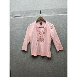 Chaps Classics Pink Womens 3/4 Sleeve Cotton Blouse With Embroidered Front Detai
